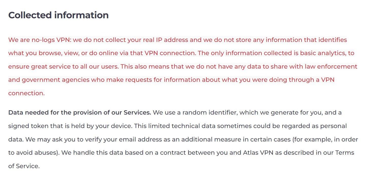 تصویری از سیاست ثبت نام Atlas VPN