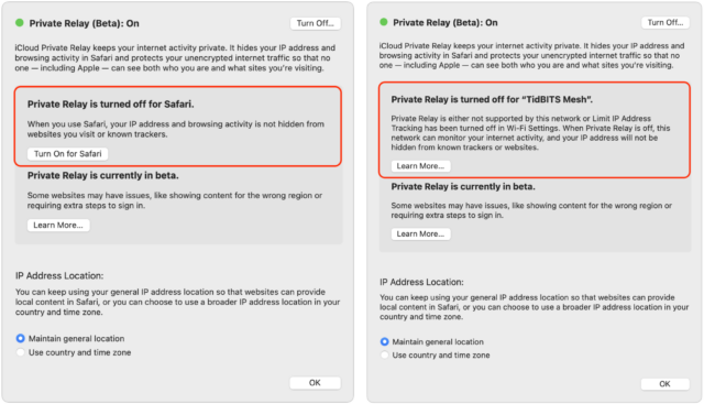 پیام های هشدار دهنده iCloud Private Relay