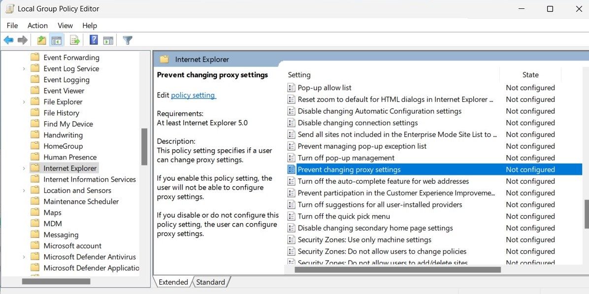 Proxy Via Group Policy را غیرفعال کنید
