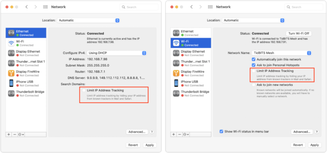 محدود کردن تنظیمات ردیابی آدرس IP برای صفحه ترجیحی شبکه macOS