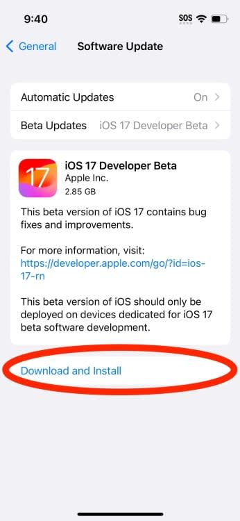 صفحه دانلود iOS 17 در Software Update