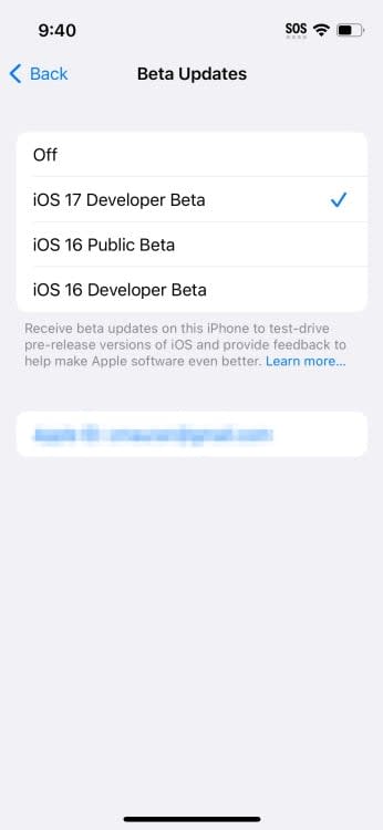 گزینه بتای توسعه دهنده iOS 17 در تنظیمات به روز رسانی نرم افزار