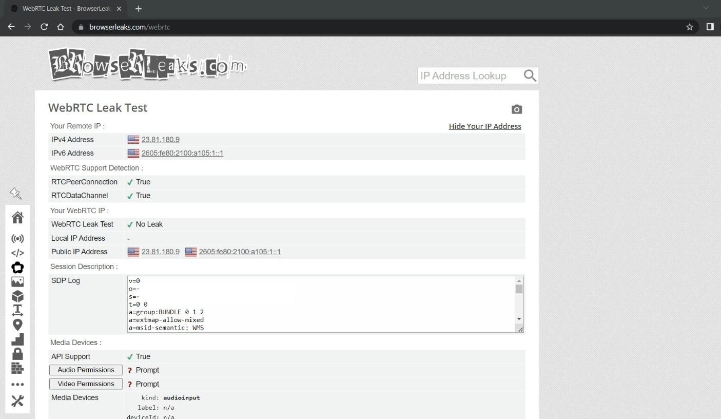 نتایج تست نشت WebRTC