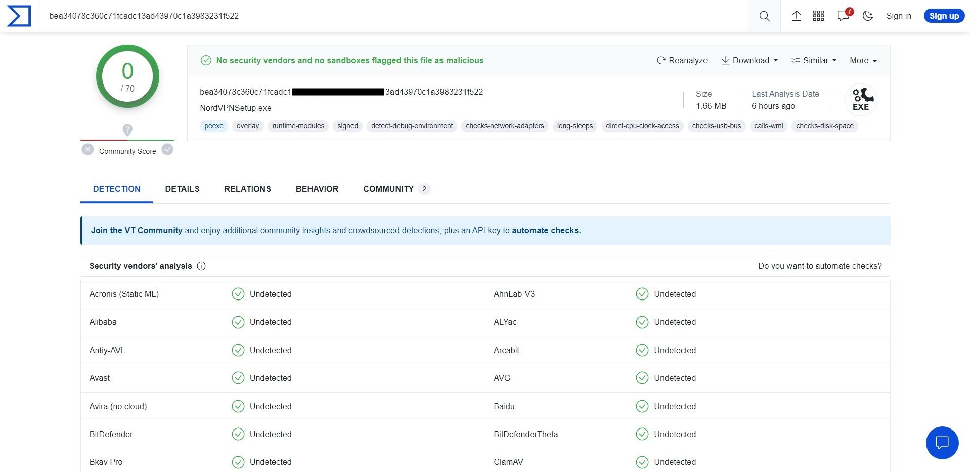 نتایج تست راه اندازی NordVPN در VirusTotal دیده می شود