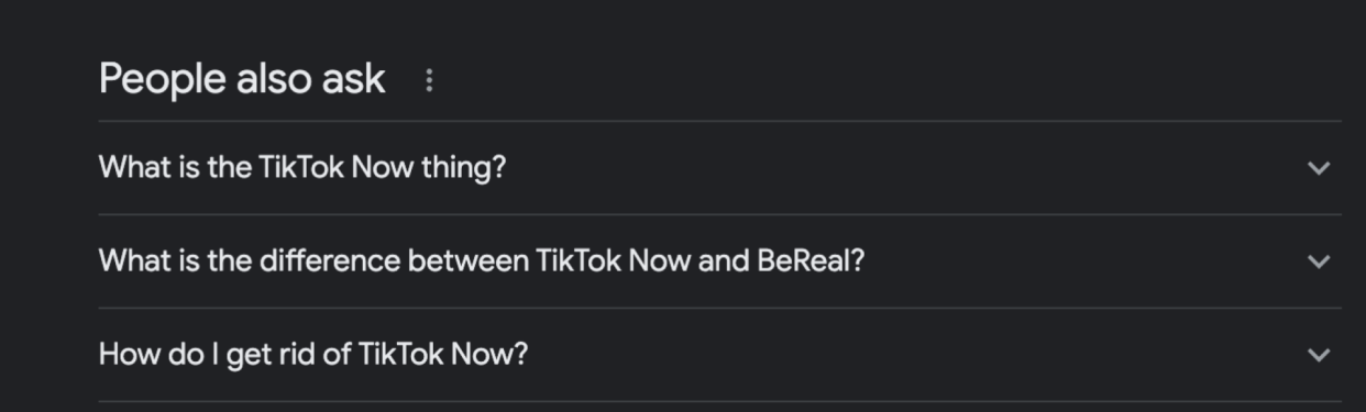«مردم هم می پرسند» ویجت با سوالات: "TikTok Now چیست؟،" "تفاوت TikTok Now و BeReal چیست؟،" و "اکنون چگونه از شر TikTok خلاص شوم؟"