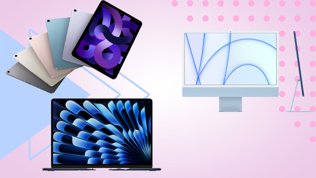 سمت چپ: iPads در یک عرشه (بالا)، مک با نمایه جلو و جانبی (پایین)، سمت راست: Macbook Pro