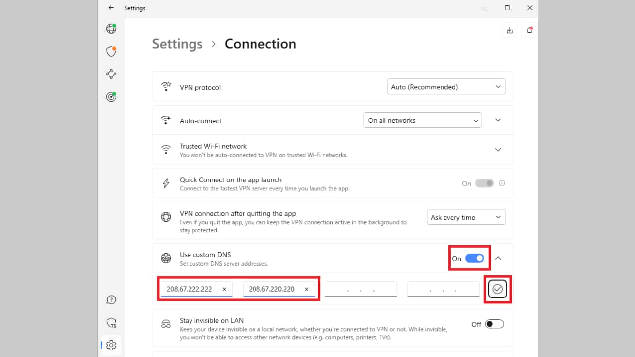 تنظیمات DNS سفارشی VPN 3