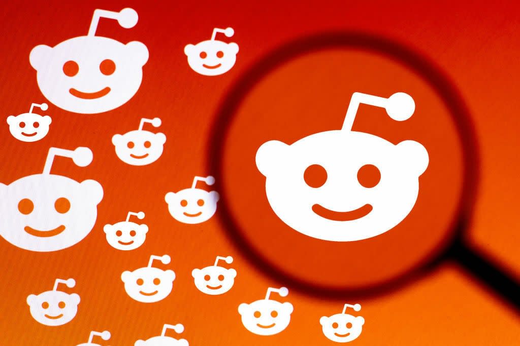 لوگوی Reddit که از طریق یک ذره بین بر روی صفحه کامپیوتر نمایش داده می شود.  انبوهی از لوگوهای کوچکتر Reddit در کنار آن قرار دارند.